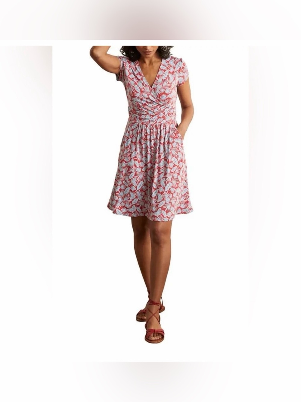 Boden Lola Jersey Leaf Pattern Red Grey Midi Dress Size 6L
